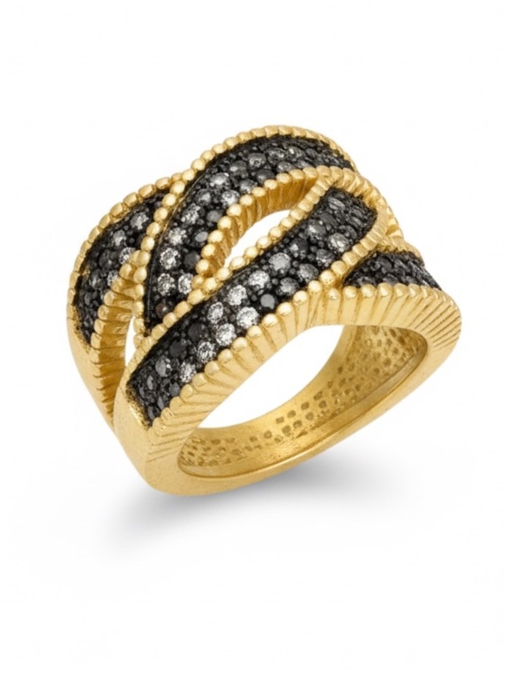 Matte Gold and Hematite Pavé Crossover Statement Ring Designer Inspired